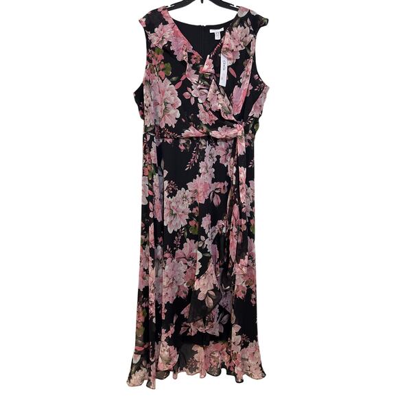 NWT London Time 20W Black With Pink Floral Midi Dress Sleeveless V-neck Ruffles - Picture 1 of 9